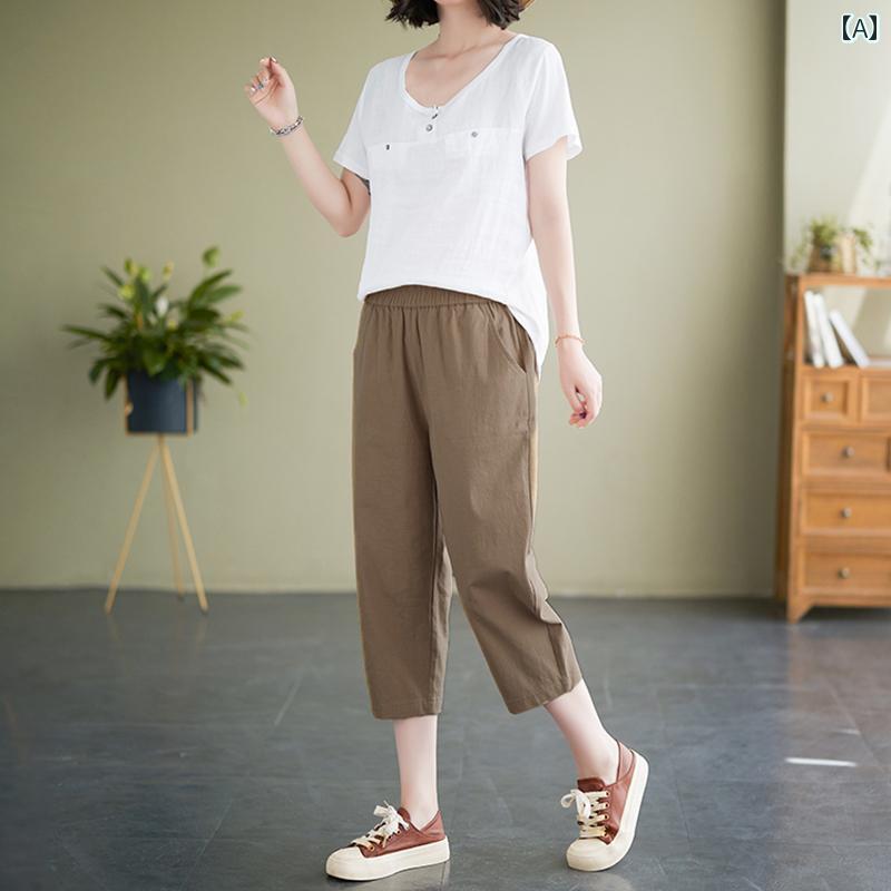 パンツ スーツ レディース 夏用の コットンと リネンの クロップド 丈 パンツ 大きいサイズレディース 服 ゆったり 薄手の 太めの MM ハイウエスト キャロット