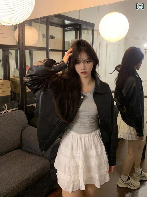レディース ライダース 上衣 Jiutian Yingzi 黒いこと PU なめし革 上衣 自動二輪車御召しもの 韓国 ゆったり 流行り物 ハイエンド 甚だしい レトロ とっ始め