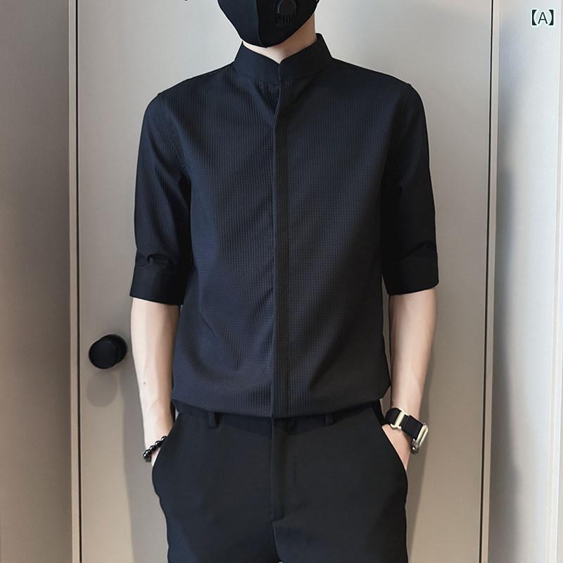 メンズ カジュアル シャツ ジャケット ワッフル シャツ メンズ 半袖 夏 カジュアル スタンドカラー 服 2024 ミッド スリーブ トップ