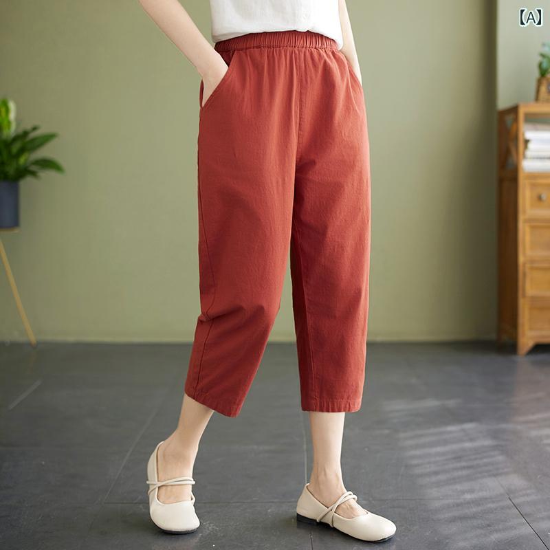 ゆったり テーパード パンツ レディース 大きいサイズ レディース パンツ 夏 コットン＆ リネン 薄手 ハイウエスト クロップドパンツ ゆったり スリム 万能 カジュアル 伸縮性 ウエスト