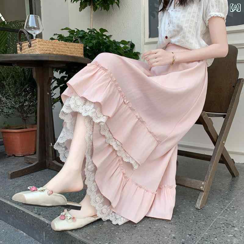 春秋 ボックス プリーツ スカート ピンクの 不規則な の スカート 女性用 夏用 レース パッチワークスカート ドレープ スイング aライン プリーツスカート