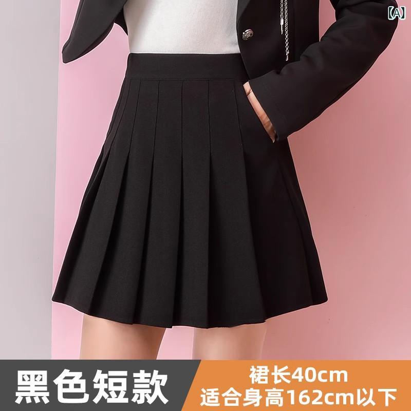 春秋 ボックス プリーツ スカート 夏用の ポケット 付き 黒の プリーツスカート。 小柄な 伸縮性の ある ハイウエスト ストレッチ ショート スカート。 太めの 人にも。 mm 大きいサイズ スリミング