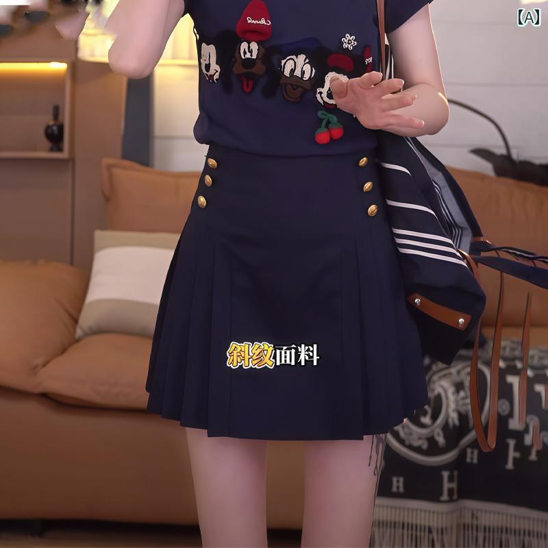 春秋 ボックス プリーツ スカート ネイビーブルーの ショート スカート 女性用 2025夏の サイド プリーツ ハイウエスト スリム カジュアル ストレート