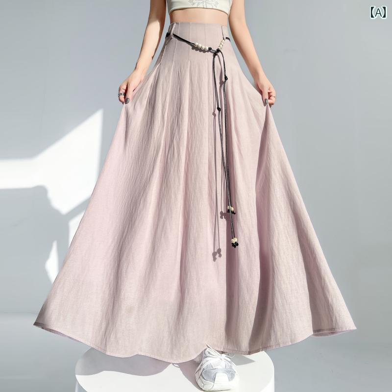 春秋 ボックス プリーツ スカート オールド マネー 冷感 コットンリネン スカート レディース 夏 ハイウエスト スリム aライン プリーツ ラージ スイング ミドル 丈