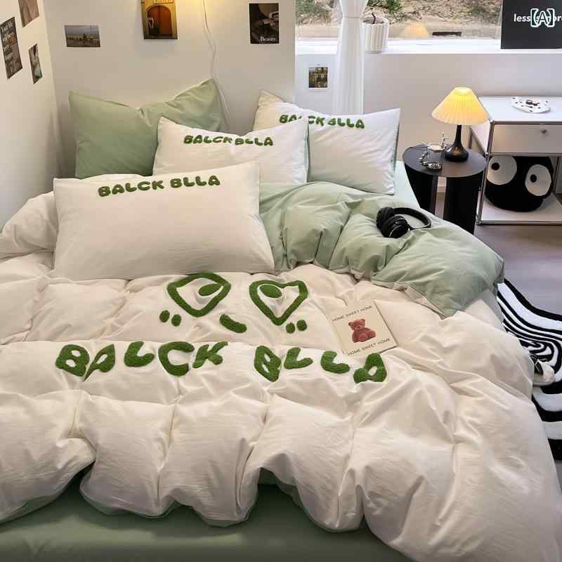 おしゃれな 掛け布団 カバー クラス A 綿 ウォッシュド コットン ミックス タオル 刺繍入り 4点 寝具 セット 18 ダブル ベッド キルトカバー 学生用 3点