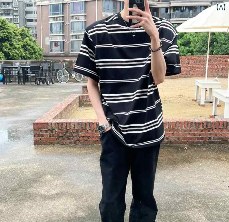 ストライプ Tシャツ メンズ BUFANSTUDIO パッド入り ショルダー ストライプ ブラック＆ ホワイト 半袖 コットン Tシャツ カップル 韓国 男女兼用 カジュアル ハーフスリーブ ドロップ