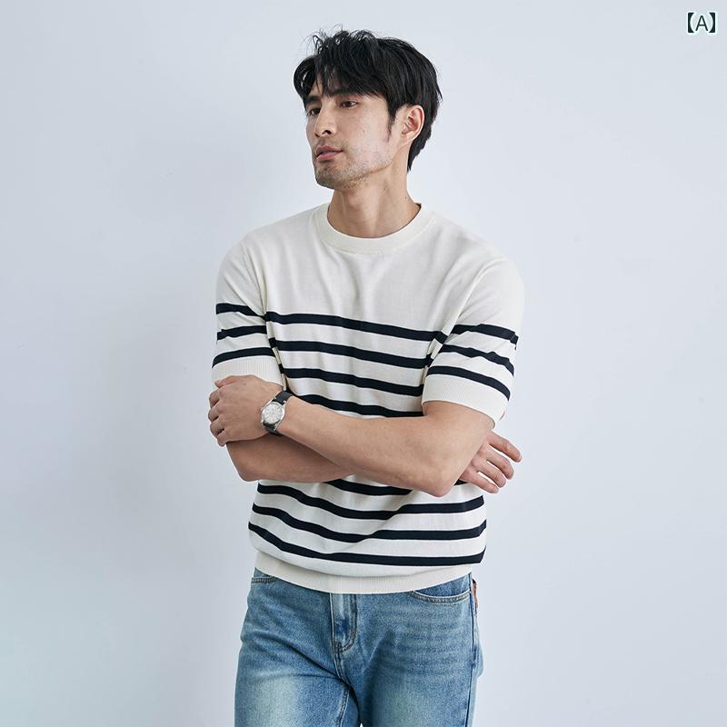 ストライプ Tシャツ メンズ 夏の 定番 シー ソウル シャツ 綿 Tシャツ 横縞 メンズカジュアル 高級 イタリア製 ラウンドネック 半袖 メンズ
