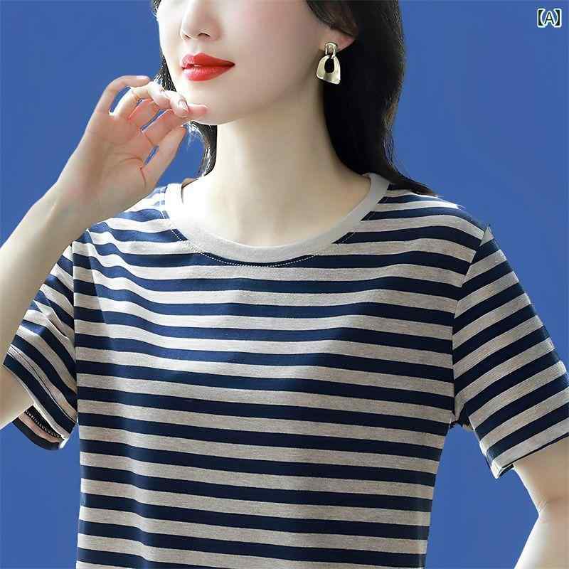 ストライプ Tシャツ レディース 夏の ストライプ 半袖 Tシャツ 綿 レディーストップス 2025 大きいサイズ ゆったり スリム ストレート ショルダー ラウンドネック