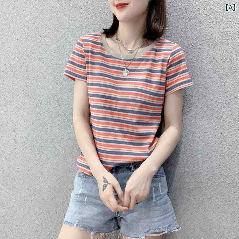 ストライプ Tシャツ レディース 韓国 2024 夏 綿 半袖 Tシャツ レディース ストライプ ウエスタン トップ スリムフィット ショルダー