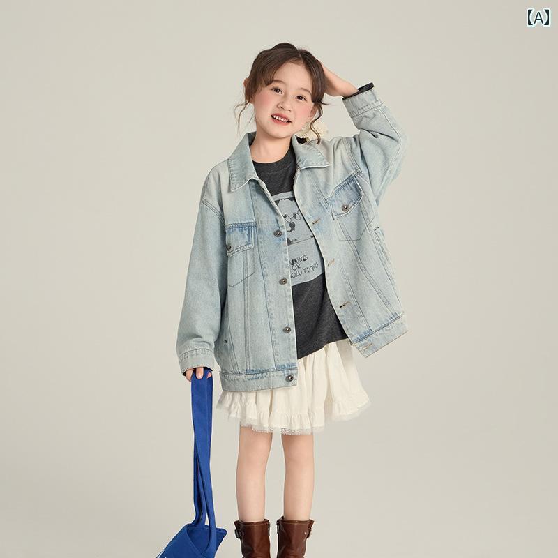 キッズ デニムジャケット かっこいい Yiyi Mama 春服 M サイズと L サイズ 子供用 ゆったり 甘くて クールな ジャケット トップス 女の子用 韓国 ウエスタン デニムジャケット