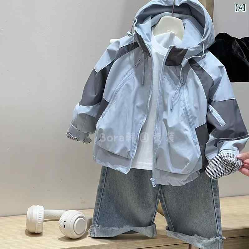 キッズ デニムジャケット かっこいい 男の子用 春 ジャケット 子供用 2025年 クールカラー ブロック ベビー ガールズ 薄手 アウトドア フード付き トップス