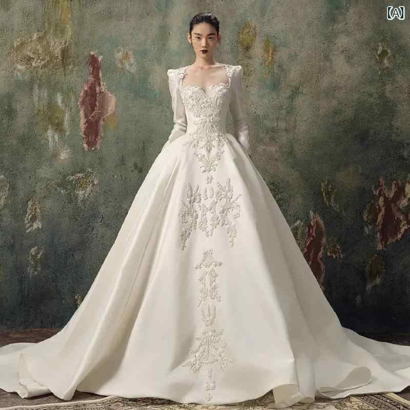 ウェディング ドレス サテンの メイン ウェディングドレスの 花嫁 2024 高級 長袖 フレンチ チュール トレーリング レトロ ヘビーデューティー 歓迎 外出 糸｜LAONsChoice