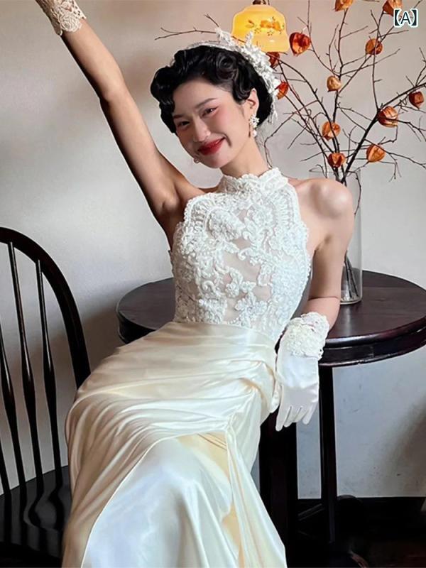 ウェディング ドレス フランスの サテンの 軽い ウェディングドレス ベールの 花嫁の ウェディング 婚約 トースト ドレスの スカート フィッシュ テール レースの 高級 ハイエンド