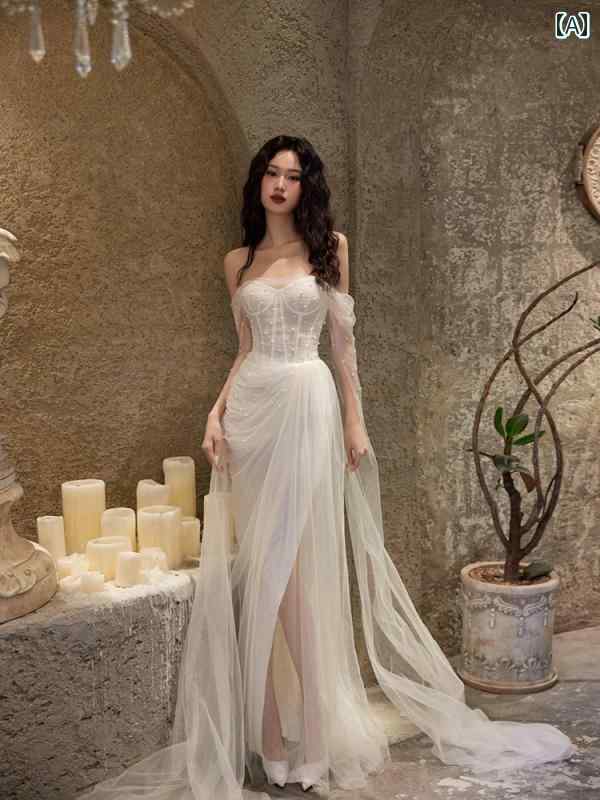 ウェディング ドレス フランスの 軽い ウェディングドレスの 花嫁 2024 小さい 森 シリーズ スーパー フェアリー 歓迎 糸 白 婚約 ドレス 冬