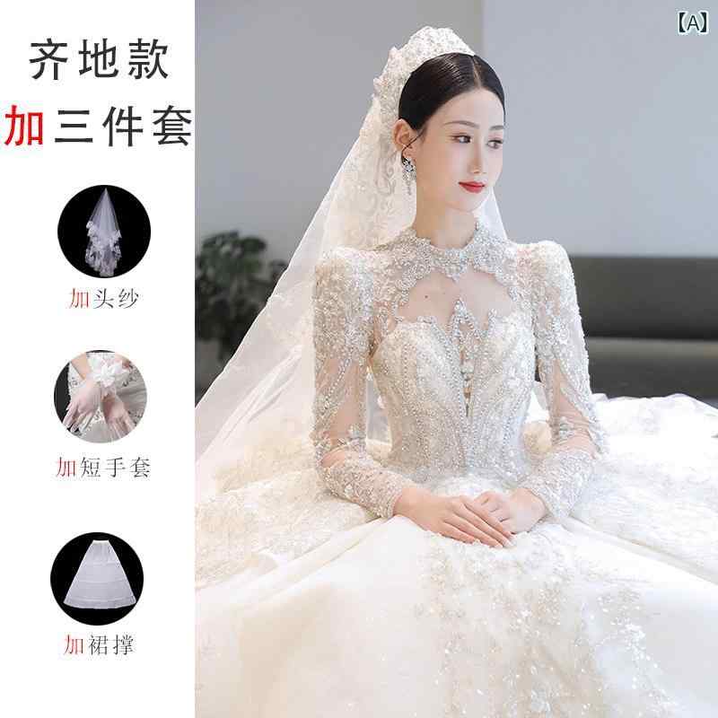 ウェディング ドレス メイン ウェディングドレス 2025 花嫁 長袖 レトロ ハイエンド テクスチャ フレンチ 重厚 ロングテール 小｜LAONsChoice