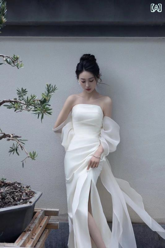 ウェディング ドレス セレモニー フランスの な 高級 モーニング ドレス レディース 花嫁 軽い トースト 婚約 白い ウェディングドレス フェアリー
