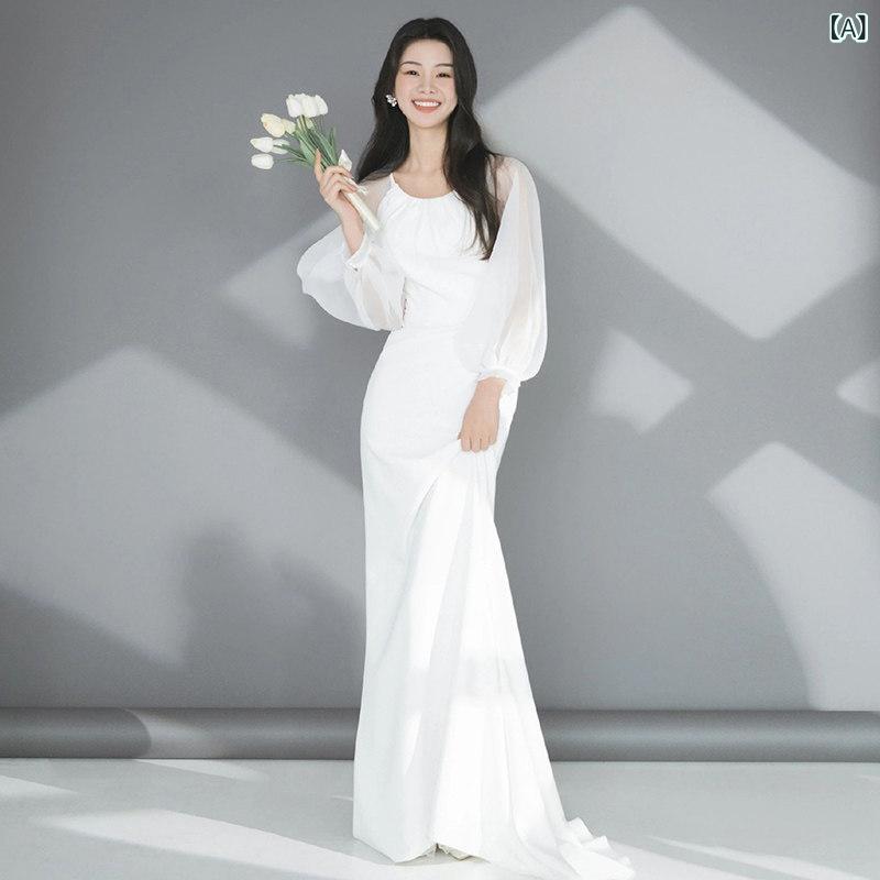 婚礼の儀 お召しもの 御祝い 韓国 たわい無い 婚礼の儀お召しもの 分かりやすい 真っ白い 長袖の 繻子お召しもの 花嫁御寮の 婚礼の儀 エンゲージメント 百貨店 仙女 迎え入れる 糸 レディースファッション-ウェディングドレス