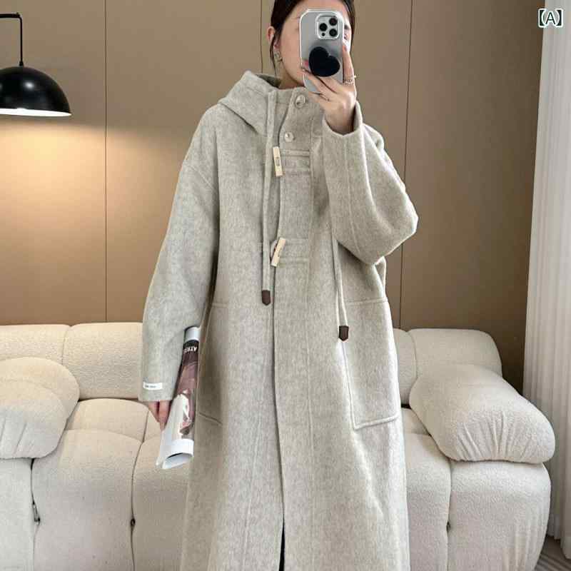 レディース ダッフル コート 2024秋冬 レディース ロング コート ダブルフェイス カシミヤコート 韓国 ホーンボタン フード付き ストレート ウール|LAONsChoice