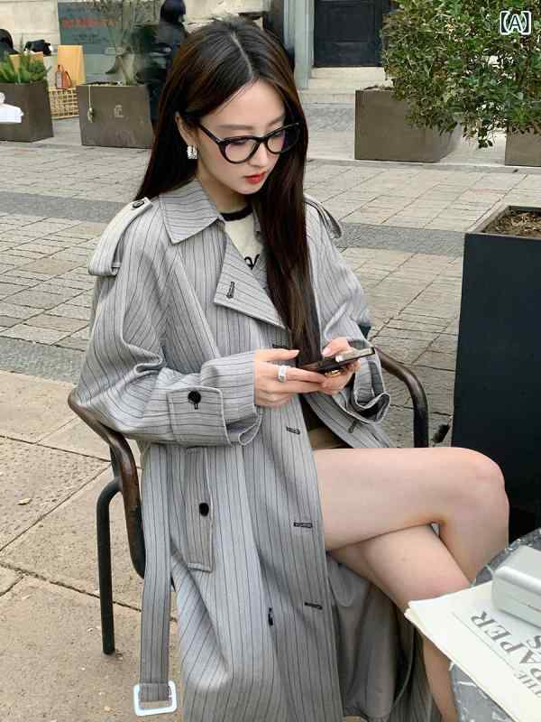 日月 レディース トレンチコート 御膳上等 縞模様 ロング トレンチコート レディース 2025 韓国 ゆったり スピード競技引き上げる 日月 厚地の外套