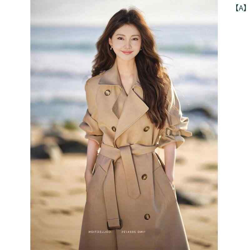 春秋 レディース トレンチコート 背の 高さ ロング カーキ トレンチコート 女性 2025 春秋 高級 スーパー 英国 風 コート