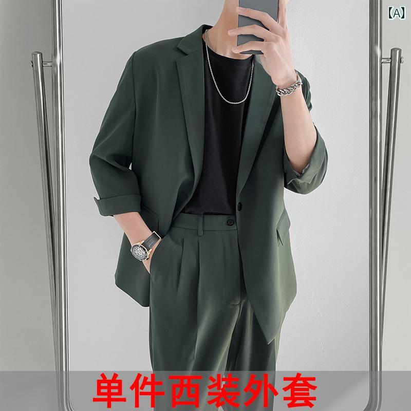 ビジネス スーツ リクルート メンズ 軽くて 大人な 七分袖 カジュアル スーツ メンズスーツ 夏 薄手 韓国 ミッド スリーブ 2点 セット|LAONsChoice