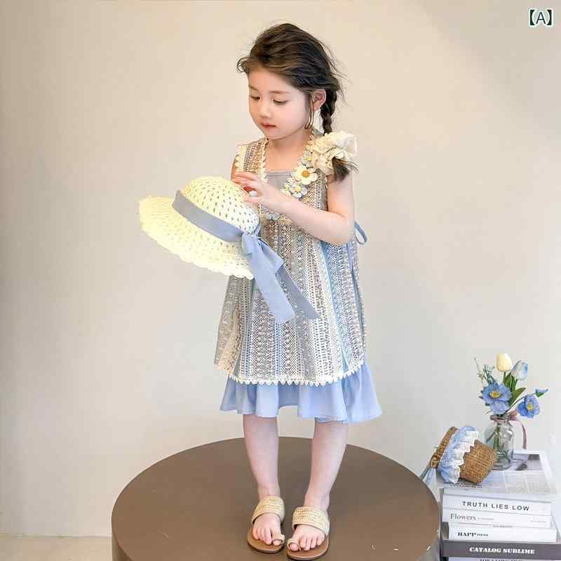 子供服 スカート カジュアル 女の子 夏の 休日 花柄 ドレス 2025 子供用 レース ブラウス ベスト ツーピース セット