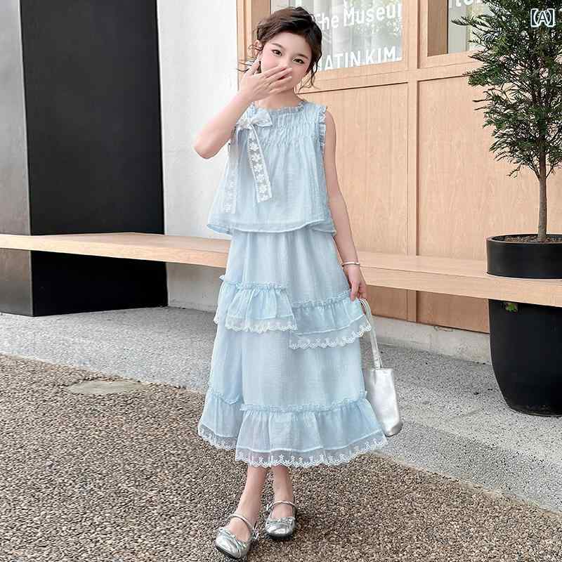 子供服 スカート カジュアル 女の子 ドレス 夏 2025 スタイリッシュな 子供用 サマー スーツ ビッグ ガール プリンセス スカート ツーピース