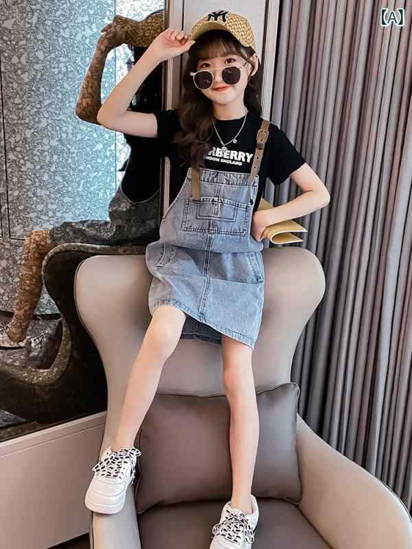 子供服 スカート カジュアル 女の子 デニム サスペンダー スカート 夏 スーツ 子供の 夏の 女性 中学校 ビッグ ボーイ サマー ドレス