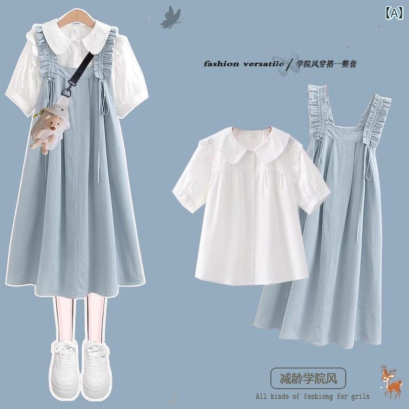子供服 スカート カジュアル 女の子 夏の スーツ 2025 カレッジ 半袖 ドローストリング サスペンダー スカート ミディアムと 大きいサイズ 子供用 ツーピース