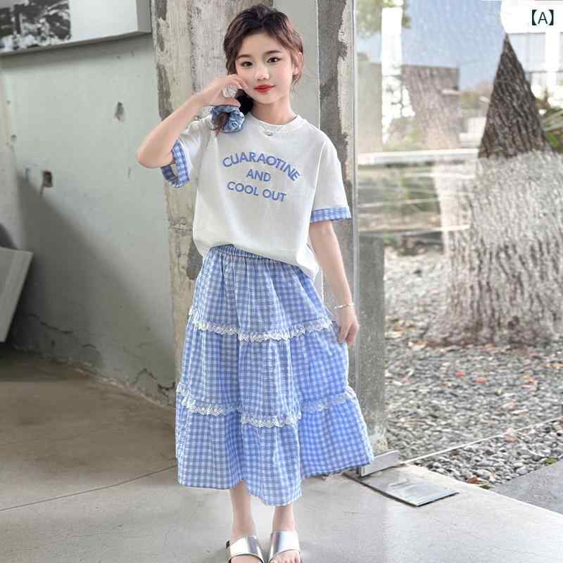 子供服 スカート カジュアル 女の子 夏の ドレス 西洋風の 綿の 半袖 Tシャツ 中と 大の 子供服 9 チェック 柄 スカート スーツ