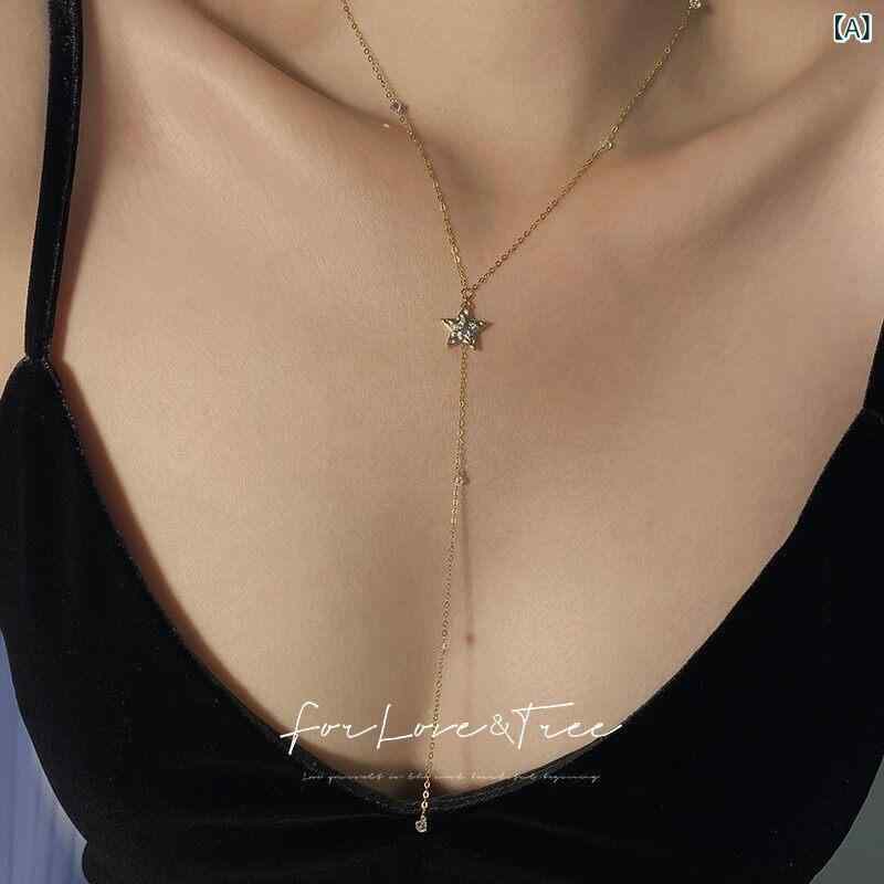 レディース ネックレス チェーン ガーリー Shuxia Xingmang ディープ V 鎖骨 ロング ネックレス 星 月 象嵌 ジルコン クリスタル 14 K ゴールド