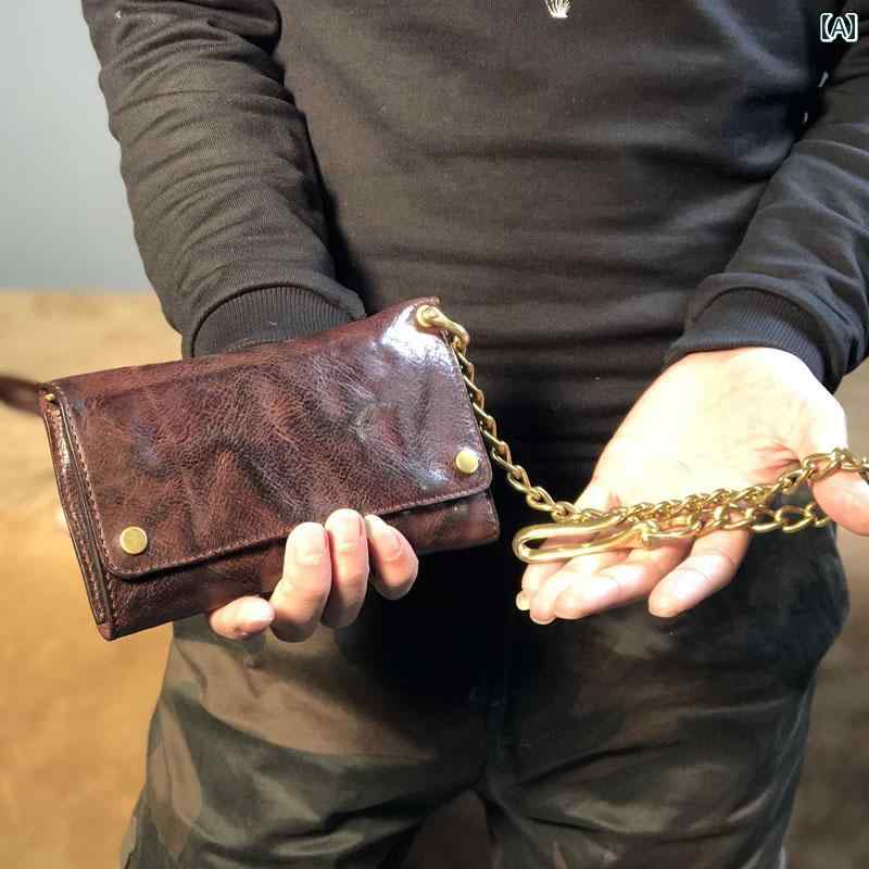 メンズ ウォレット 財布 銅 チェーン 付き メンズ 三つ 折り ミディアム ロングウォレット レトロ シワ 加工 牛革 ウォレット｜LAONsChoice 9,823円