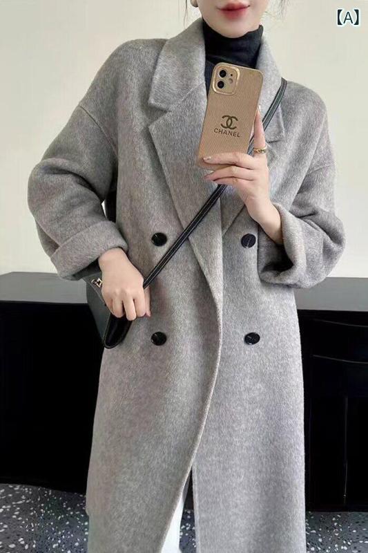 韓国スタイル ウール コート グレーの ダブルフェイス コート レディース 2025 秋冬 ミドル 丈 ダブルブレスト 韓国 ゆったり 高級 ウール｜LAONsChoice 14,439円