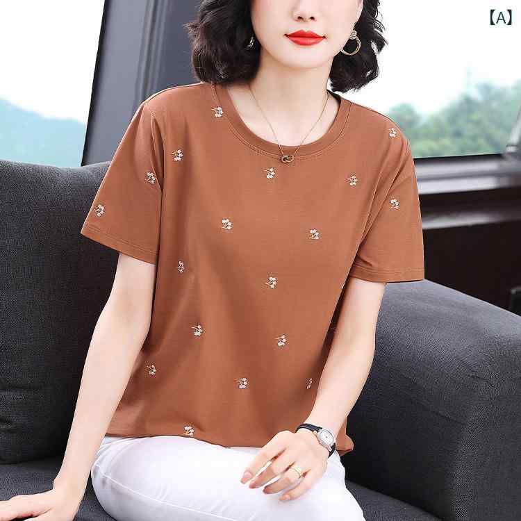 ママ カジュアル トップス レディース ママ 半袖 Tシャツ 女性用 2025夏 綿 シャツ 向け ゆったり 万能 トップス