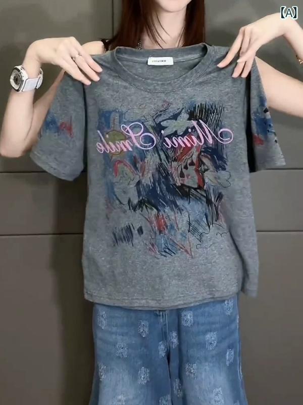 ママ カジュアル トップス レディース の 綿 2025 夏 カラー アート インク プリント 半袖 Tシャツ ゆったり 大きいサイズ 太い mm トップ