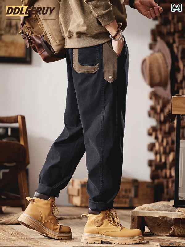 メンズ テーパード パンツ ズボン の ステッチ オーバー オール メンズ 秋 ストレッチ カジュアル パンツ アメリカン レトロ ストレート テーパードパンツ