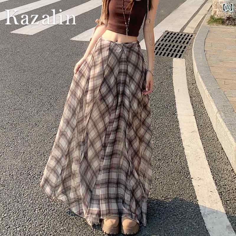 ドレープ スカート カジュアル レディース Cazarine 2025 夏 ハイウエスト イレギュラー スカート チェック 柄 ドレープ 効果 万能 カジュアル