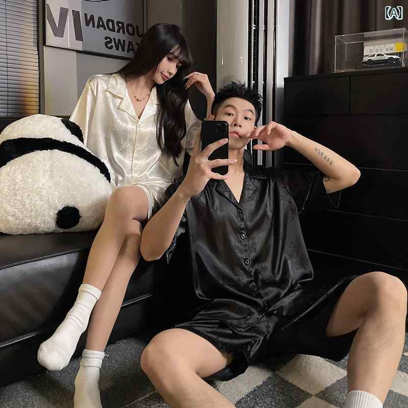 奥様 シルク インナー パジャマ チャイナ風 カップル パジャマ レディース 春秋 夏の 冷感 半袖 ズボン 薄手 スリーピーススーツ メンズ ホーム 服