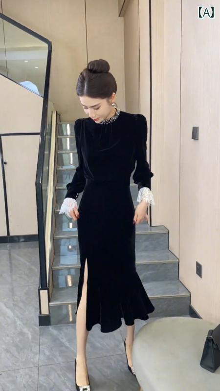 黒ドレス 大人かっこいい レディース フレンチ ブラックベルベット ドレス 軽い 高級 年次 総会 誕生日 パーティー 小さい 秋