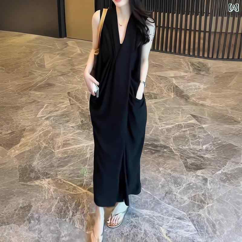 黒ドレス 大人かっこいい レディース 2025夏の フレンチ Vネックノースリーブ 不規則 ワンピース 女性 ハイエンド 淑女 黒 ロング スカート