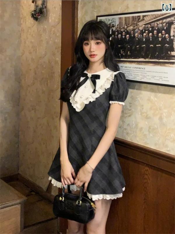 キュートな ドレス スタイル ベトナムと 韓国 魚の グレーの 女の子 レトロ チェック 柄 ウエスト スリミング フレンチ パフスリーブドレス