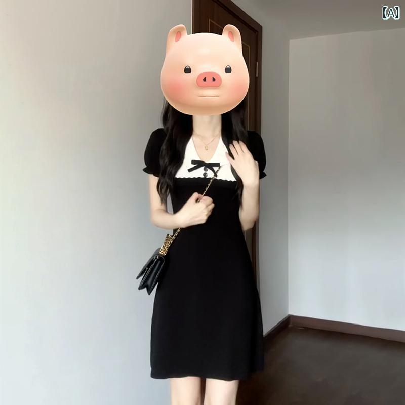 キュートな ドレス スタイル 小さい 黒い 人形の 襟の パフスリーブの ドレスの 女性 2025夏の ウエストの 短い スカートの の