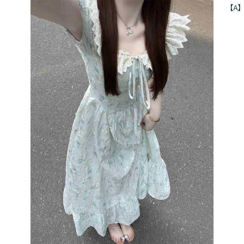 おしゃれ ドレス ファッション 女の子 フランスの 花柄の 夏の ドレス 優しい 初恋のの プリンセス レース ウエストの ロング