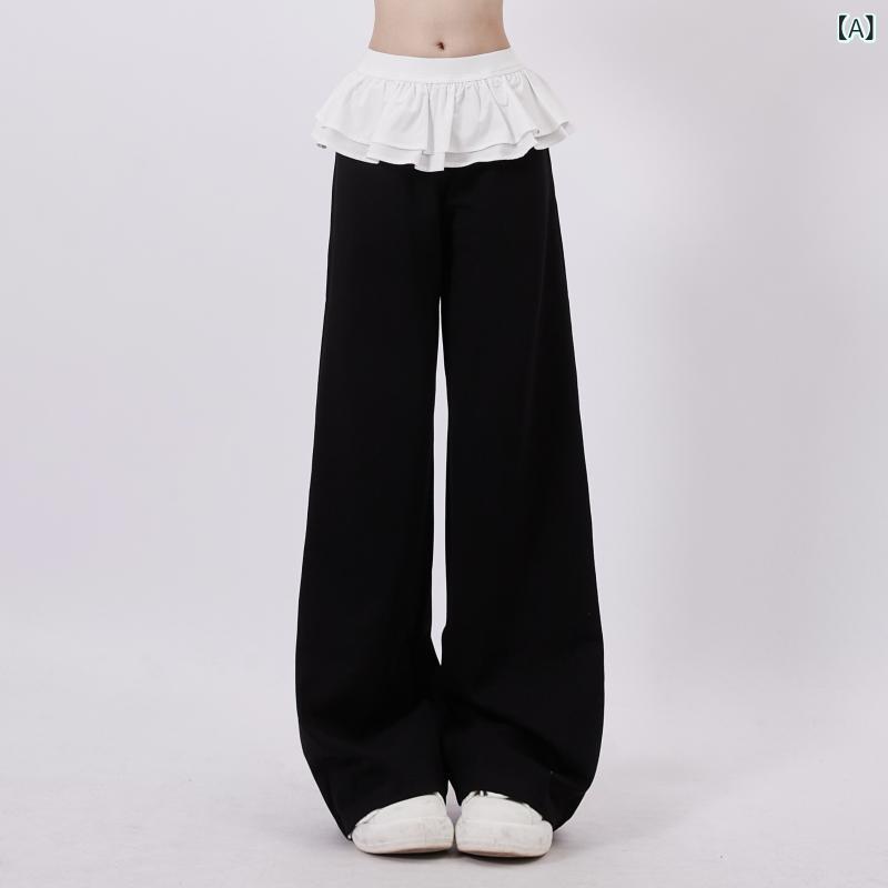 ゆったり パッチワーク パンツ レディース Rayohopp カジュアル パンツ レディース 春 レトロ バレエ スタイル フリル ステッチ ドレープ ストレート｜LAONsChoice