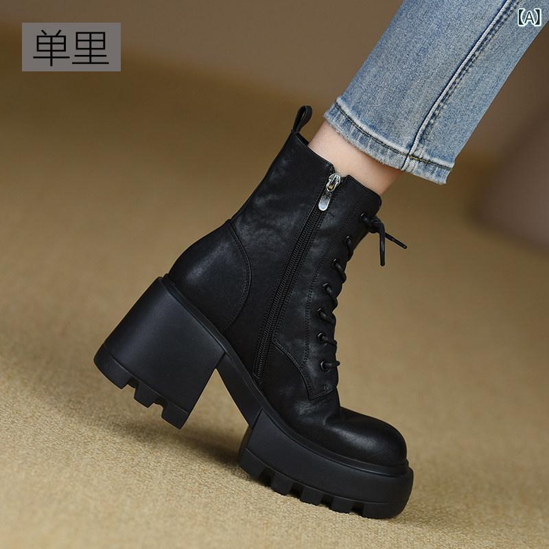 厚底 ブーツ レディース ミシリ レースアップ ブーツ ブラック 厚底 ショート 秋冬 85 cm ハイヒール レディース|LAONsChoice