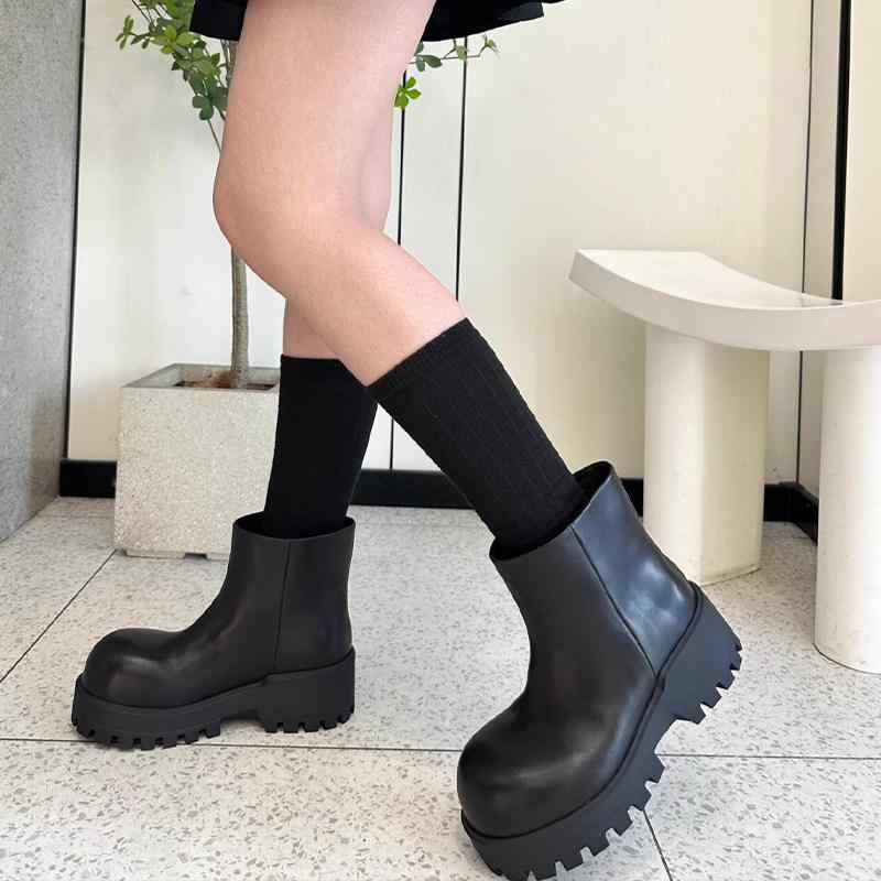 厚底 ブーツ レディース 牛皮 ビッグ 尖端  ブーツ 厚底 たわい無い 身たけ 引きあげる 6 コマーシャル 革 自動二輪車 遊撃手 お上さん用