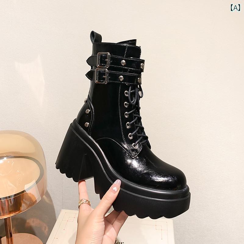 厚底 ブーツ レディース 10 cm ハイヒール 厚底 ブーツ レディース 革 ダブル ベルト バックル ショート 冬 編み 上げ 英国 風