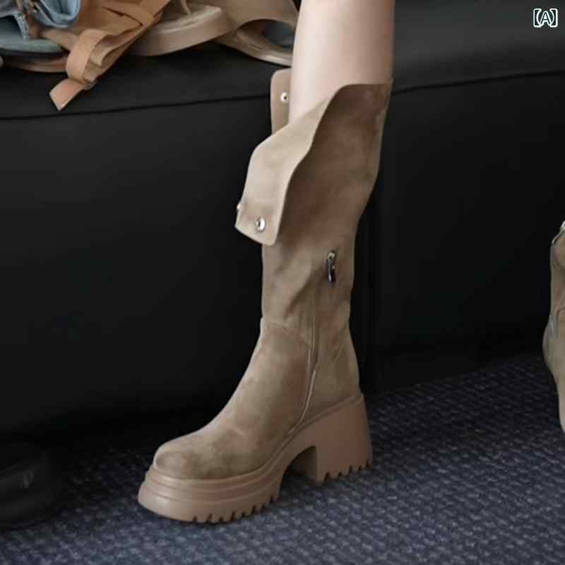 厚底 ブーツ レディース 【 8 cm 巨大 高さ】 小柄な 方向 け 厚底 ブーツ 女性向け 増 量 ハイカット ナイト 二つ 折り ウエスタンブーツ