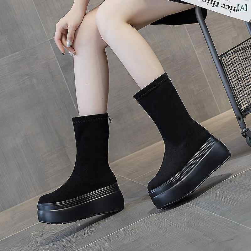 厚底 ブーツ レディース 女性用 厚底 ブーツ 8 cm 丈 ベルベット 素材 ジッパー 付き スリム の ミドル チューブ プラットフォーム ロング