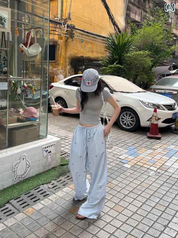 快適 スウェット パンツ レディース 1 ess la mode リボン ストライプ ワイド レッグ パンツ カジュアル レディース 春夏 薄手 ローウエスト スリム ドローストリング